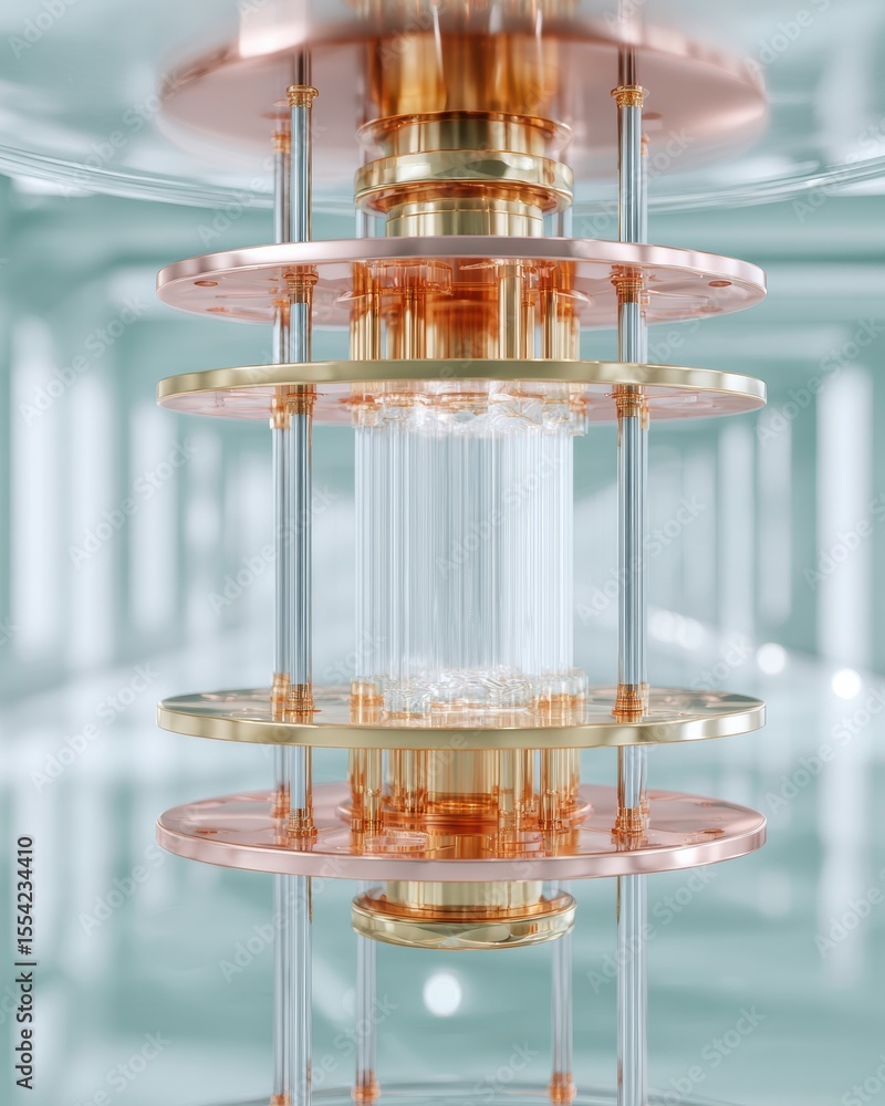 Poster Futuristic Quantum Computer Hardware with Exposed Copper and Glass Layers in High-Tech Computational Chamber for Advanced Speed and Power