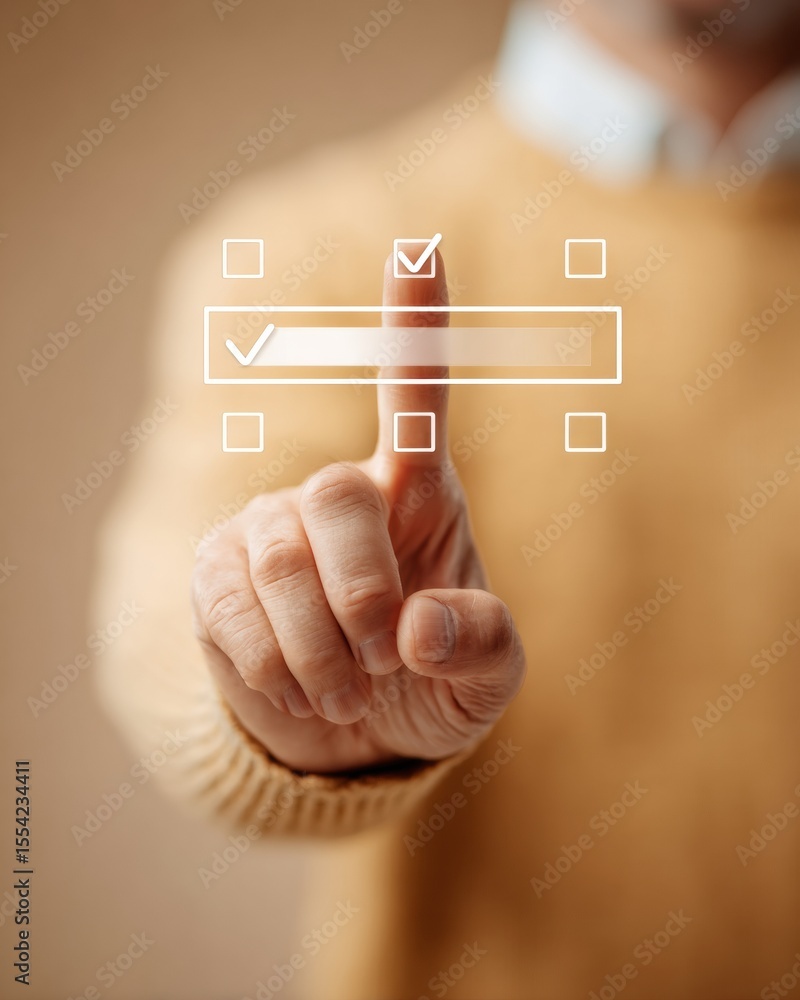 Poster Digital Progress Tracker Interface with Businessman Touching Checklist and Loading Bar for Project Management and Task Completion Efficiency