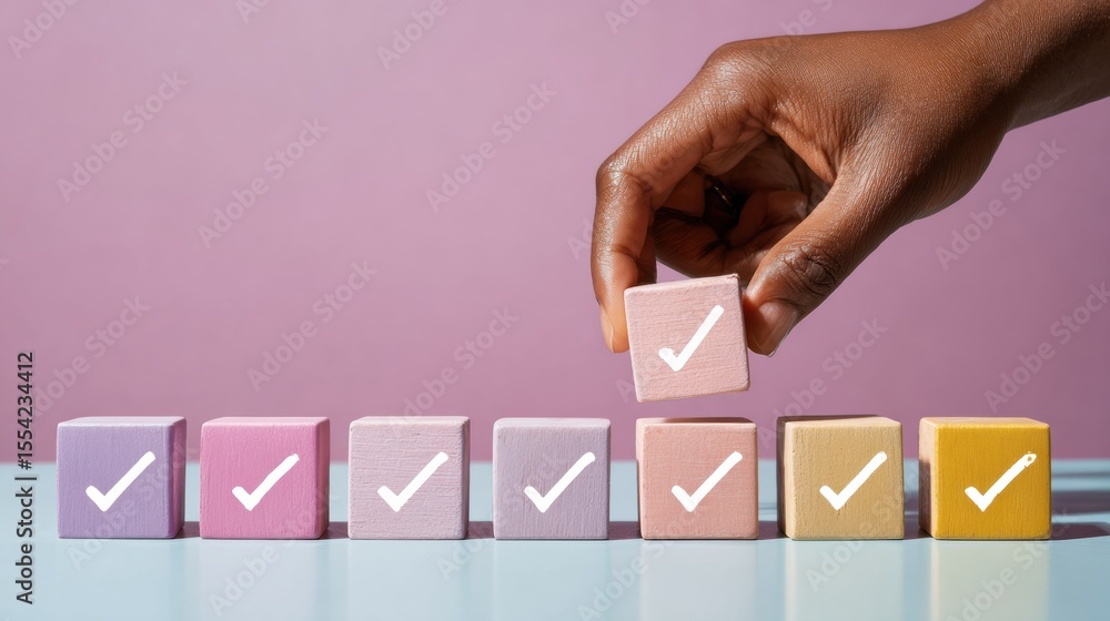 Poster Diverse Hand Completing Progress Tracker with Pastel Wooden Blocks and Checkmarks for Modern Productivity and Goal Achievement in Project Management