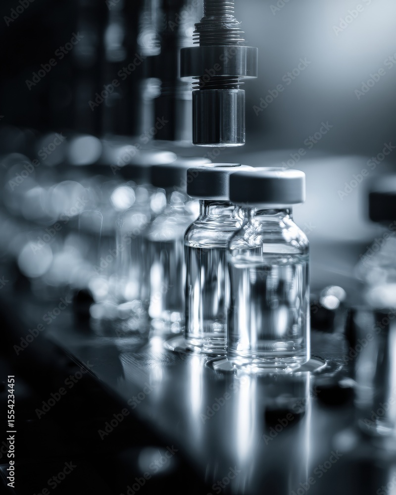 Poster precision pharma manufacturing with glass ampoules on automated production line highlighting advance