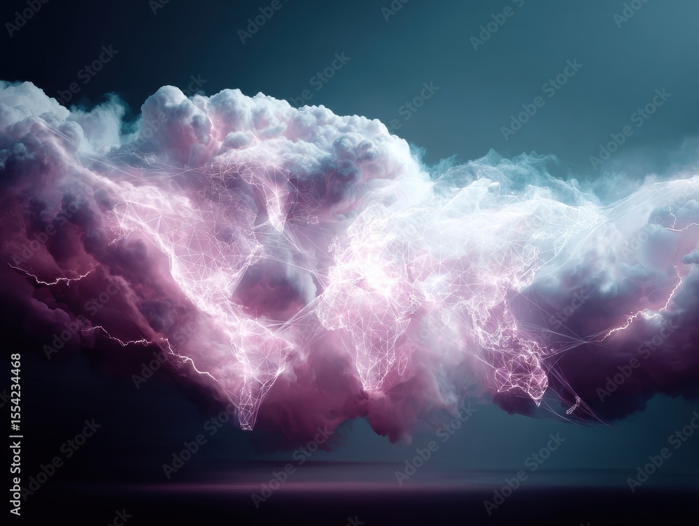 Aufkleber Digital Global Network Map in Cloud Form with Connected Trade Routes and Lightning Effects - Futuristic Tech Concept for Business Innovation