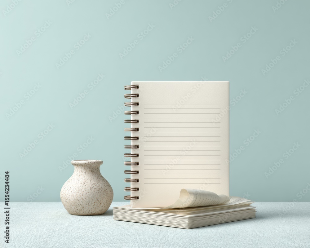 Poster Minimalist Spiral Notebook with Blank Lined Pages and Curled Sheet on Textured Surface - Stationery for Productivity and New Project Planning