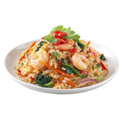 Delicious shrimp fried rice with fresh vegetables garnished with herbs and chili served on a white plate
