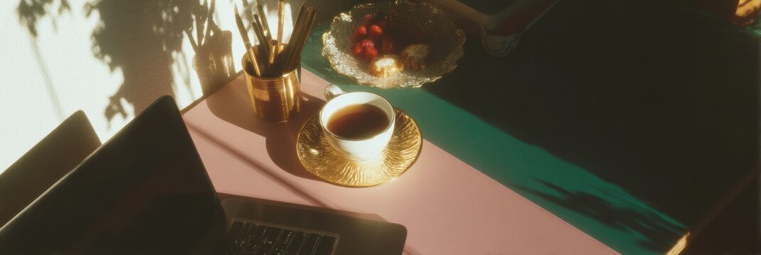 Close-up of Laptop Displaying NFT Marketplace in Warm Home Office Setting with Cup and Pencil Holder - Digital Commerce and Investment Concept