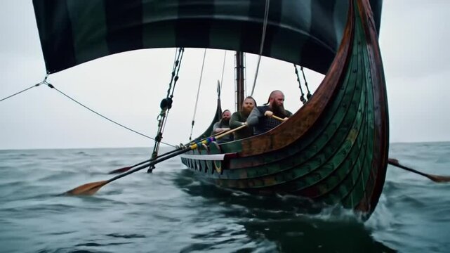 A Viking longship sailing through rough seas with warriors rowing