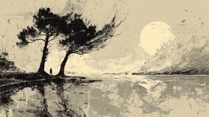 Lone Figure Beneath Storm-Tossed Trees at Sunset Horizon