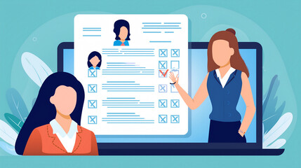 Online recruitment process presented on a laptop shows women candidates for jobs and their qualifications being ticked off.