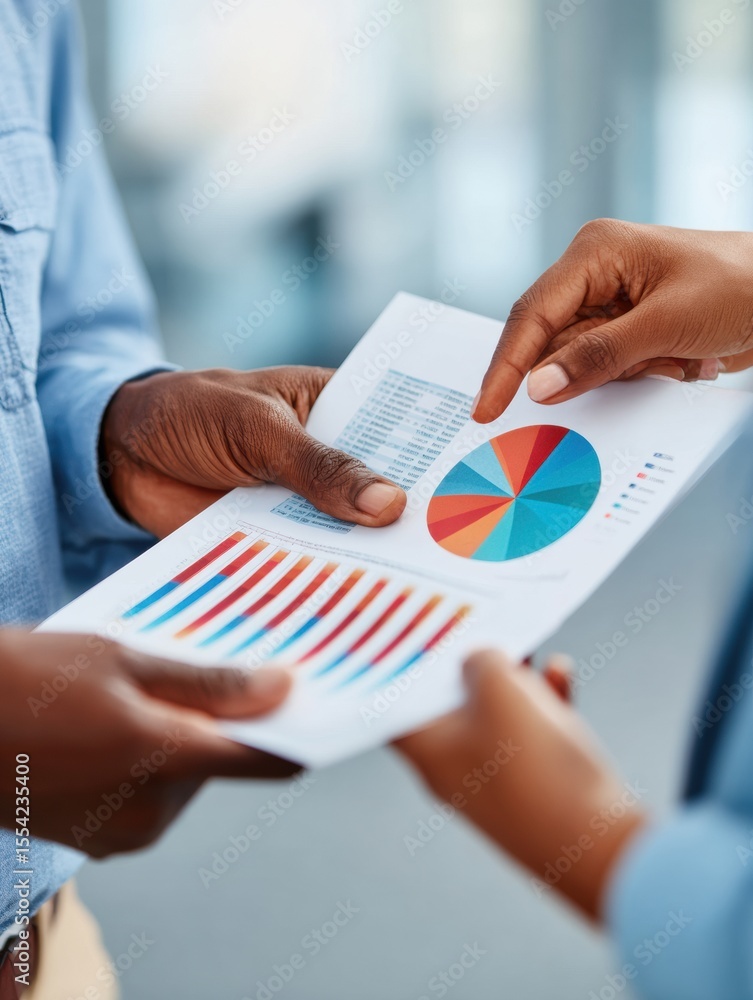 Poster Modern Financial Consultation Showing Investor Hands Presenting Colorful Pie Chart and Bar Graph in Office Setting for Expert Advisory Service