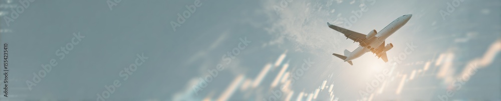 Poster Dynamic airplane flying over digital financial charts and data visualizations symbolizing aviation industry innovation and global economic connectivity