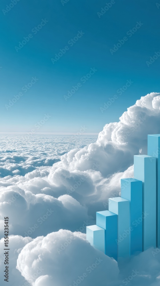 Poster Digital Cloud Growth Chart with Blue Bar Graphs Rising Above Clouds Symbolizing Financial Success and Business Innovation in Tech and Data Analytics