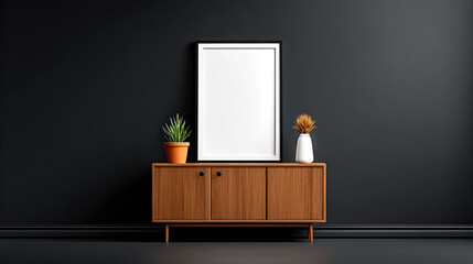 Modern interior design inspiration stylish wooden cabinet with decorative plants and artwork in minimalist living room environment