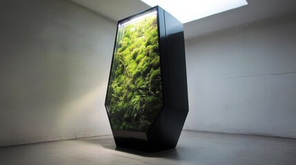 Modern, geometric planter showcasing a lush indoor moss garden.