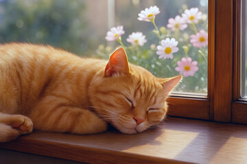 Cute ginger cat sleeping on a window with soft morning sunlight and blooming flowers outside the window.