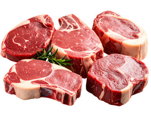 Close-Up of Raw Beef, Pork and Lamb Cuts with Marbling and Bone Detail, isolated on transparent background