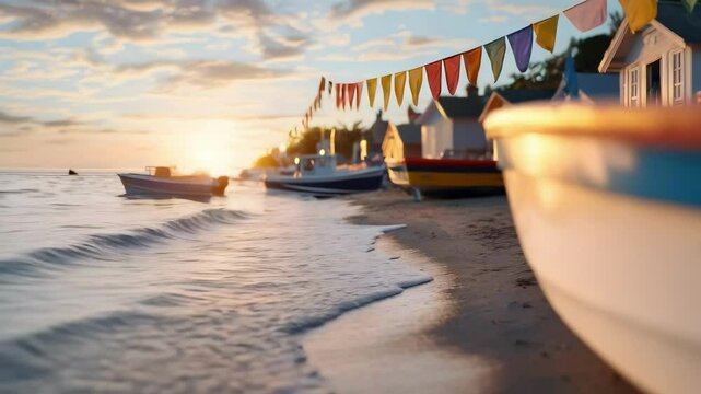 A beach at sunset with boats on the water, colorful flags strung between buildings, and gentle ocean waves.