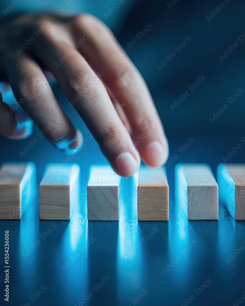 Poster modern investment concept with hand arranging wooden blocks for risk management and diversified port