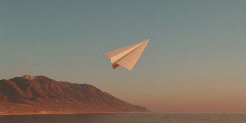 Minimalist Paper Airplane in Flight Over Desert Landscape with Warm Tones Symbolizing Innovation, Digital Strategy, and Creative Progress in Business Campaigns