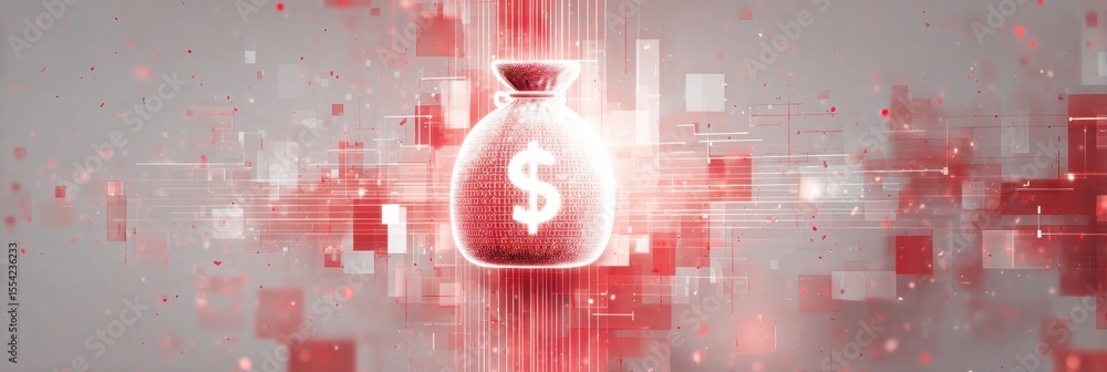 Poster Futuristic Digital Money Bag Icon with Glowing Circuit and Binary Patterns for AI Finance, Automated Transactions and Fraud Monitoring in Investment Management