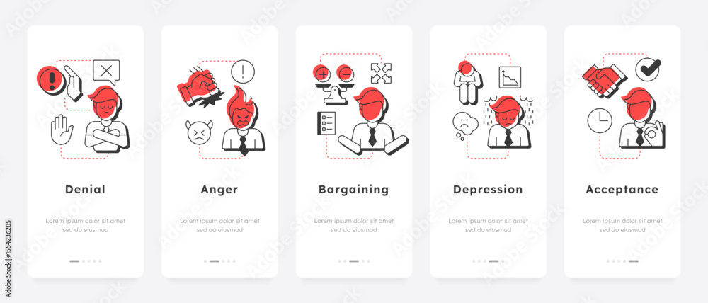 Poster five stages of grief mobile app onboarding screens. changes management. pain handling strategy. psyc