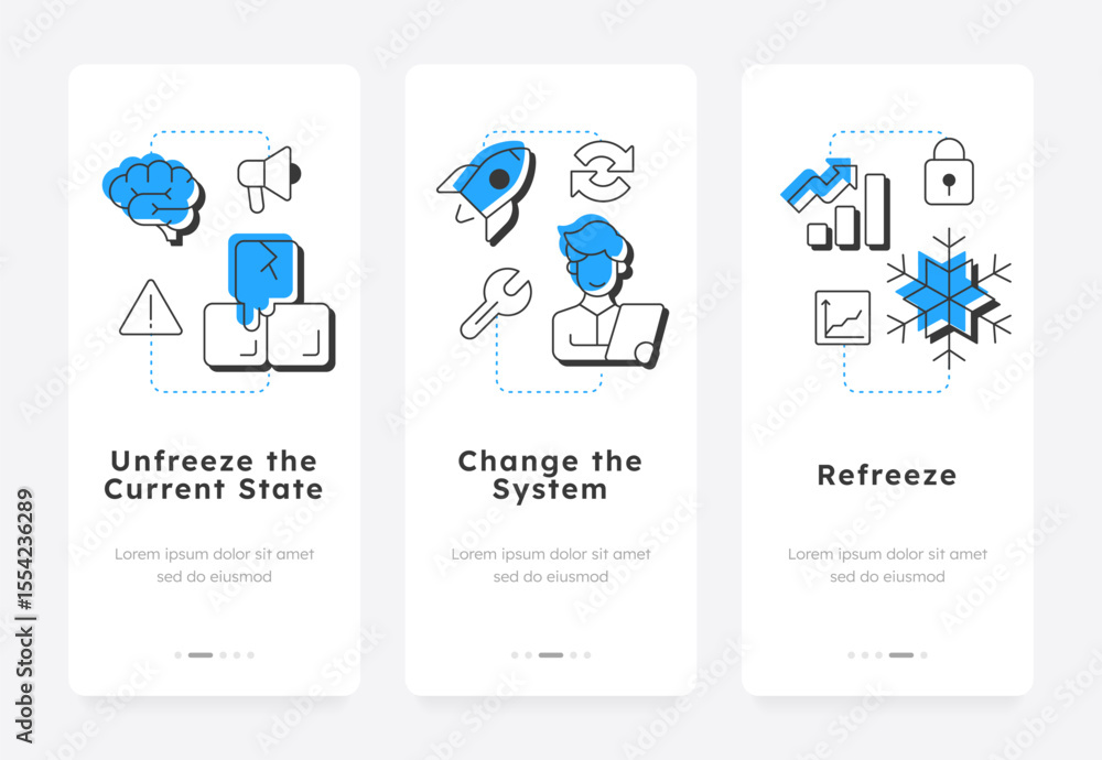 Poster lewin change management model mobile app onboarding screens. business state. corporate development p