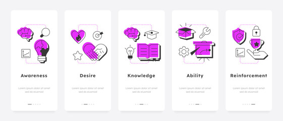 ADKAR model mobile app onboarding screens. Organizational change management. Corporate business development. Flat UI UX design, pink highlight with outline icons conceptual. Lexend font used