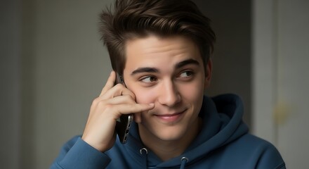 A handsome young man wearing a blue hoodie is smiling while talking on his smartphone, close up,Looking off to the side, a teenager having a casual conversation on his phone
