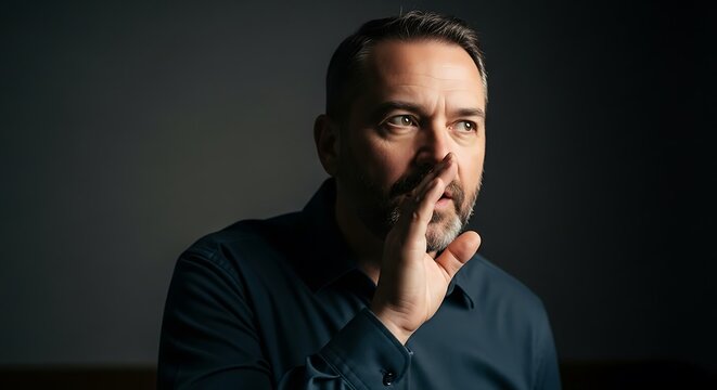 Pensive Middle-Aged Man with Hand to Mouth Against Dark Backdrop, Thoughtful Man with Beard Considering Something with Hand Gesture