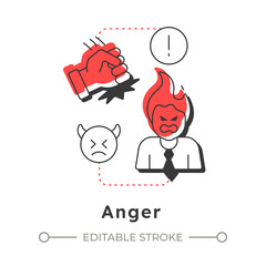 Anger modern linear concept icon. Frustration feeling. Five stages of grief. Organizational change management. Flat outline elements connected with dotted lines. Creative visual. Easy to edit