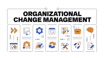 Organizational change management word concept isolated on white. Business transformation models. Creative illustration banner surrounded by editable line colorful icons. Hubot Sans font used