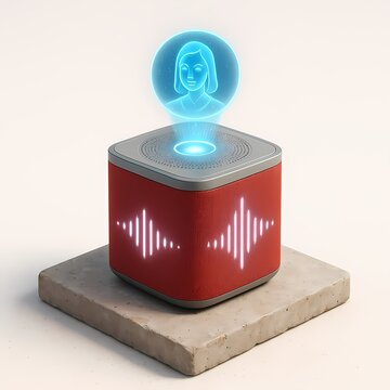 An Ai Assistant Speaker Displays A Holographic Rendering Of A Womans Face In A Simple Style
