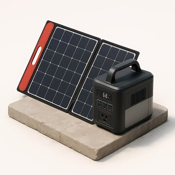 Portable Solar Generator Showcase Featuring A Foldable Panel And Power Station On Display Stand