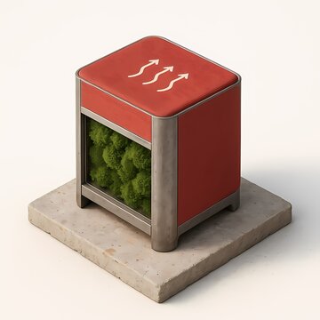 Red Eco Air Purifier With Moss Inside A Metal Frame Signifying Clean Air Flow With Three Arrows