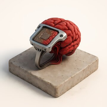 Stylized Brain Rests On A Concrete Block Enhanced With A Tech Interface Device In Surreal Art