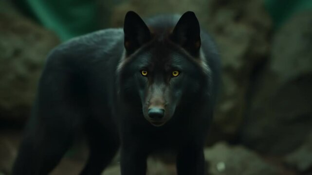 A black wolf stands alert in a dimly lit forest, exuding mystery and tension in a cinematic setting.