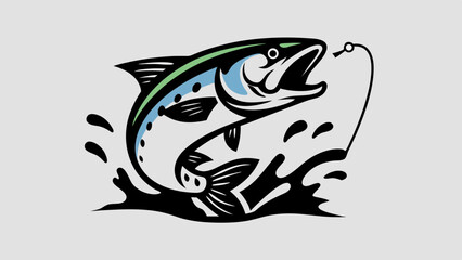 A bold, black and white illustration of a fish leaping high in the air, mouth agape vector art design