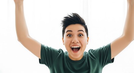 A vibrant and energetic Asian woman expresses pure joy, celebrating with arms raised in the air, radiating happiness, An Asian woman's contagious excitement