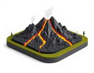 3D icon of a lava field with black volcanic rock and glowing fissures, smoky and stylized, on isolated white