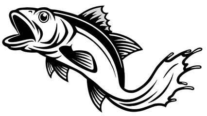 Fototapeta premium A bold, black and white illustration of a fish leaping high in the air, mouth agape vector art design