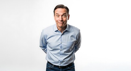 Man with Surprised Expression Wearing a Blue Dress Shirt and Jeans, Man Looking Surprised with Hands Behind Back Against White Background