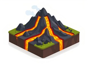 3D icon of a lava field with black volcanic rock and glowing fissures, smoky and stylized, on isolated white