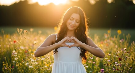 Golden Hour Portrait Woman Making Heart Shape with Hands in Wildflower Field