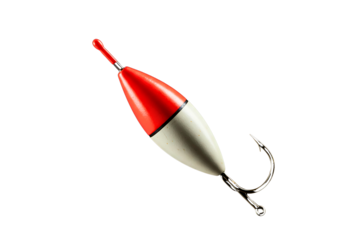 Red and white fishing bobber with a metal hook isolated on transparent background