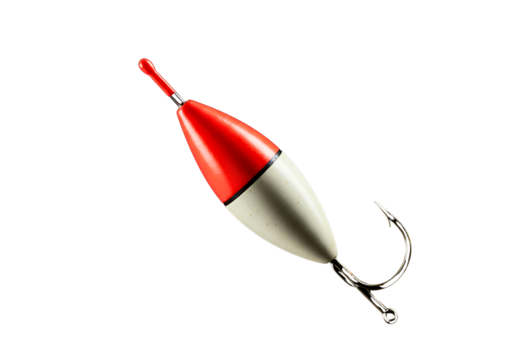 Red and white fishing bobber with a metal hook isolated on transparent background