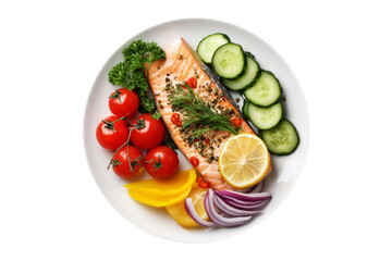 Grilled salmon fillet served with fresh broccoli, tomatoes, onion and cherry tomatoes isolated on white background, concept of healthy balanced diet