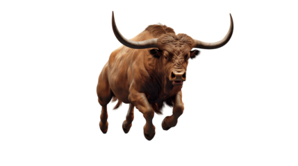 A powerful brown bull charging forward with large horns on a transparent background in a dynamic pose