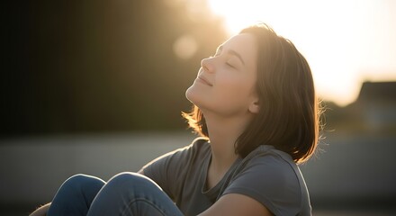 Woman Finding Peace and Serenity in Sunset Golden Hour