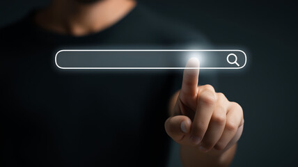 Data Search Technology Search Engine Optimization. man's hands are using a computer keyboard to Searching for information. Using Search Console with your website..