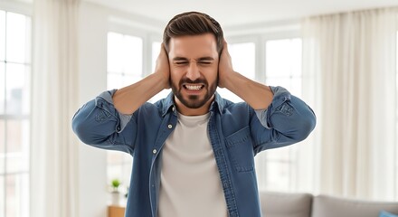 Man Covering Ears, Frustrated and Annoyed Expression