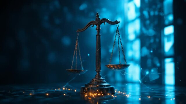 Symbol of justice and law: Scales in a futuristic and neon-lit environment.