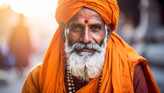 Portrait of a Sadhu in Traditional Orange Attire.